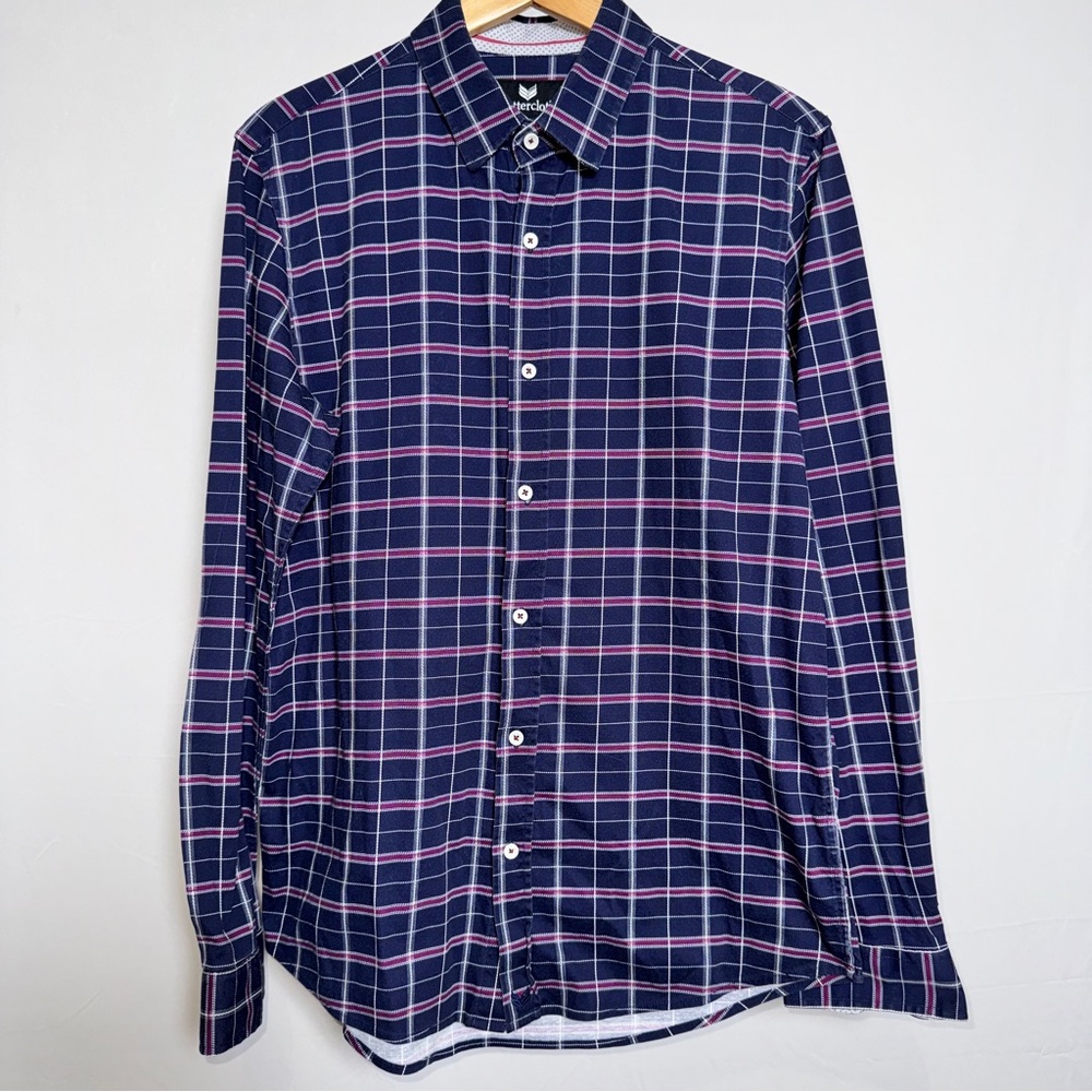 Buttercloth Men's Plaid Button Down Shirt Navy and Pink‎ Large Tall Fit